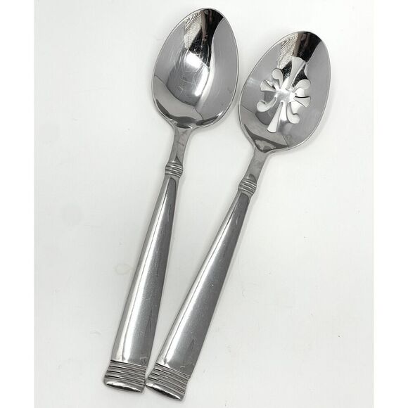 Wallace NAPOLI Glossy Serving Slotted Spoons 8 7/8” Stainless Flatware Set Of 2 - Picture 1 of 6